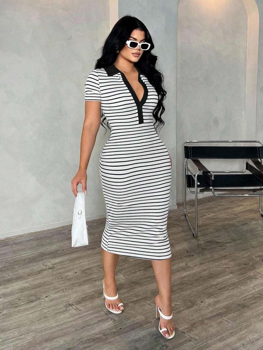 Damen Figurbetontes Polokleid im Streifen‑Look aus Rippstrick mit kurzem Ärmel Shop Nory