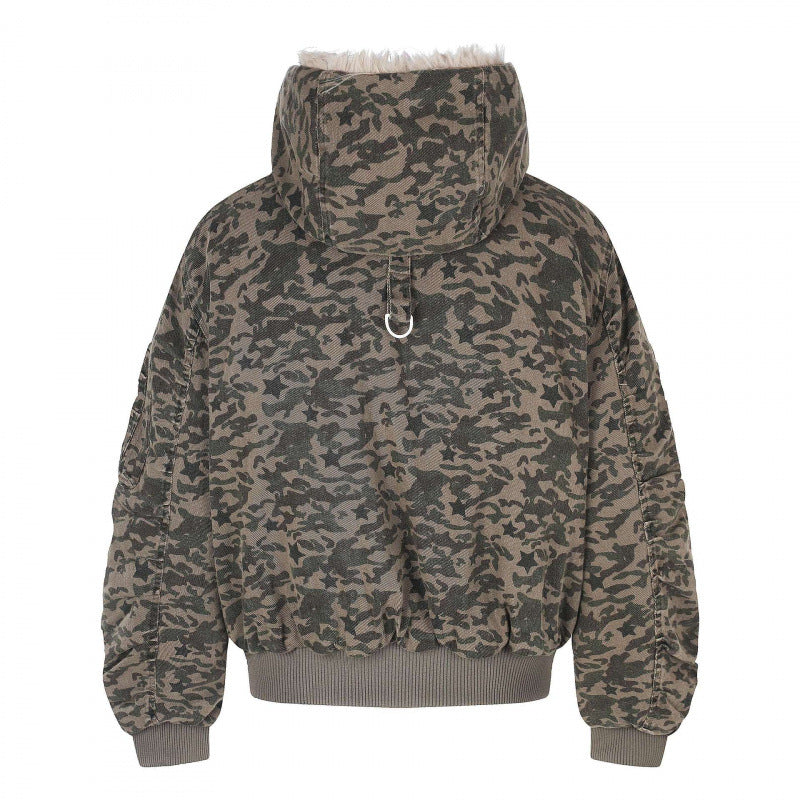 Unisex Weitgeschnittene wattierte Bomberjacke mit Kapuze und Kunstfellbesatz Shop Nory