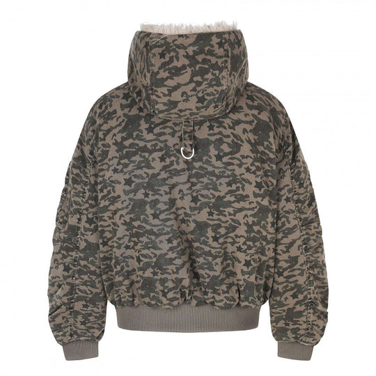 Unisex Weitgeschnittene wattierte Bomberjacke mit Kapuze und Kunstfellbesatz Shop Nory