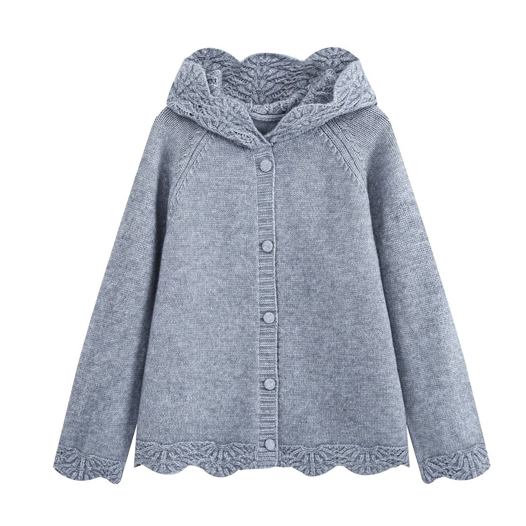 Damen Feinstrick-Cardigan mit Kapuze, Knopfleiste und gehäkelter Borte Shop Nory
