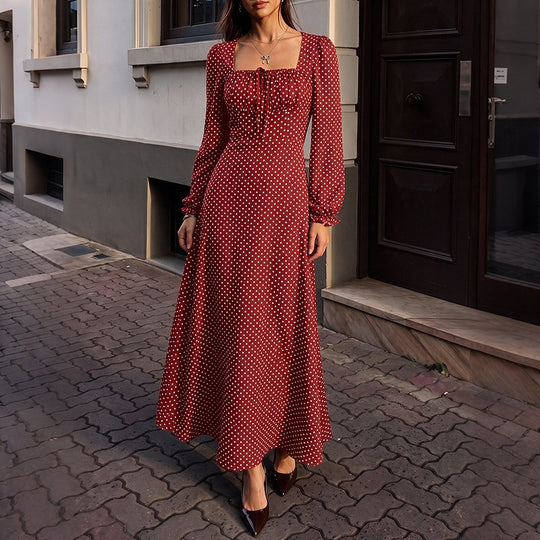 Damen Retro-Maxikleid mit quadratischem Ausschnitt, geraffter Brustpartie und langen Ärmeln Shop Nory