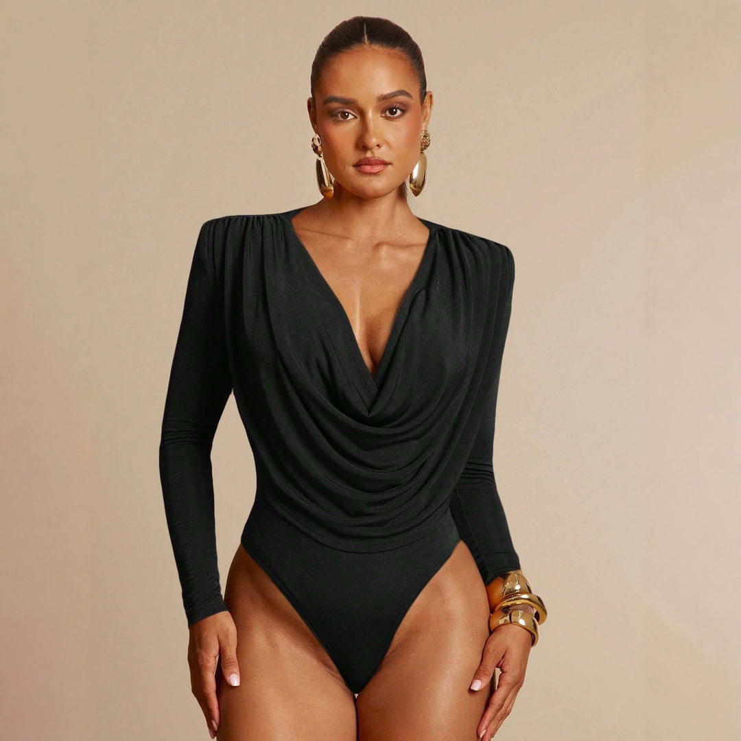 Damen Drapiertes Body mit Wasserfallausschnitt, gerafften Schultern und langen Ärmeln Shop Nory