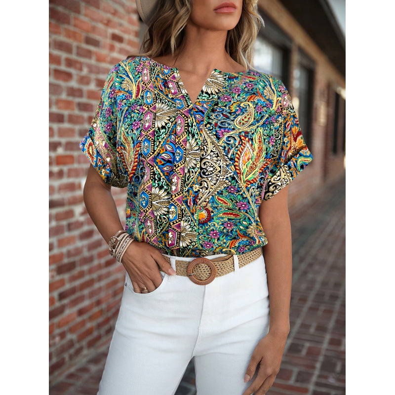 Damen Kurzarm Bluse mit buntem Druck und V-Ausschnitt