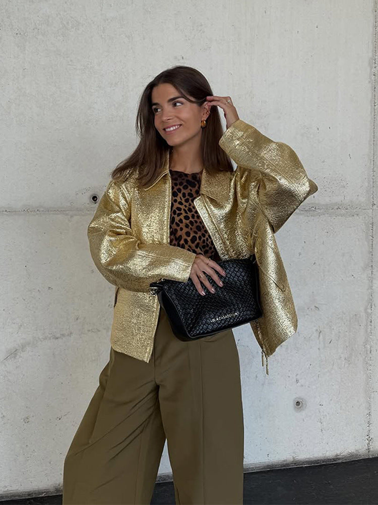 Damen Kurze strukturierte Metallic-Bomberjacke mit Boxy‑Silhouette Shop Nory