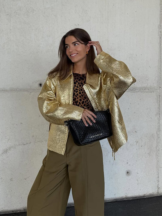 Damen Kurze strukturierte Metallic-Bomberjacke mit Boxy‑Silhouette Shop Nory