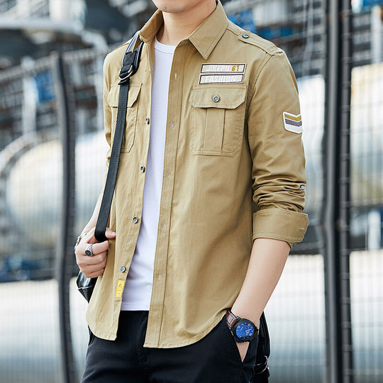 Herren Utility-Hemd mit Brustpattentaschen, Schulterpatten und Stickpatches Shop Nory