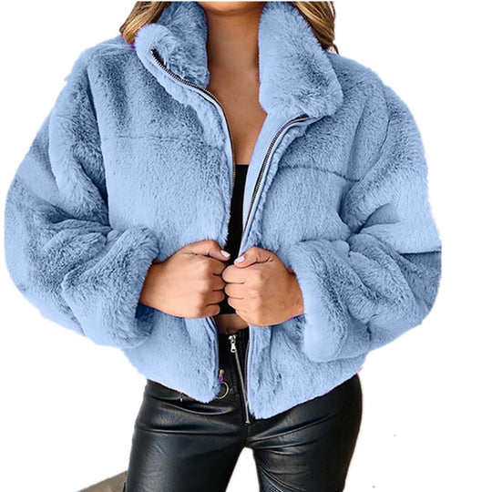 Damen nan kurze kuschelige Kunstpelzjacke mit Stehkragen und Reißverschluss Shop Nory