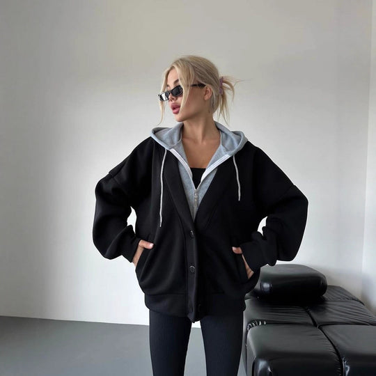 Damen Oversized Kapuzenjacke mit Druckknopfverschluss und Eingrifftaschen Shop Nory