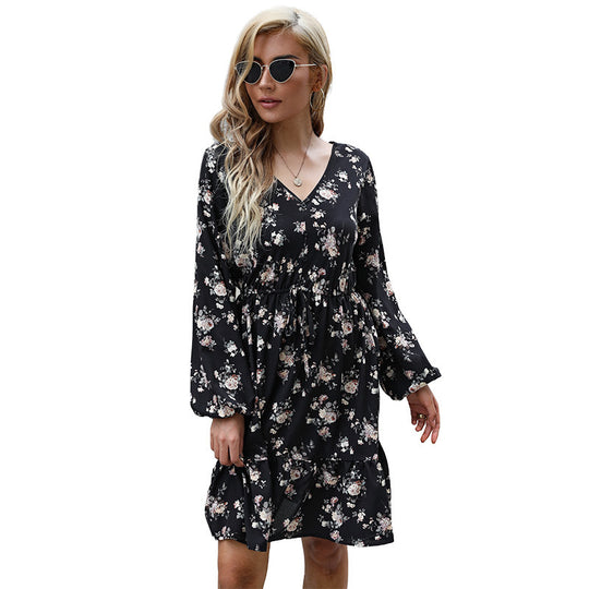 Damen Lässiges Stufen-Midikleid mit V-Ausschnitt, Tunnelzug-Taille und langen Volantärmeln Shop Nory