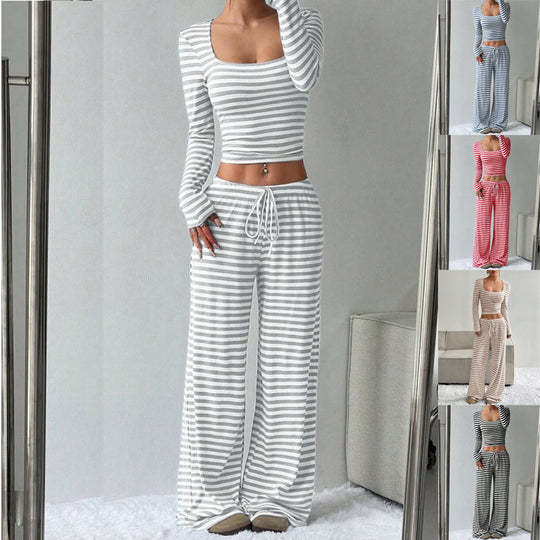 Damen Gestreifter Lounge-Zweiteiler mit weitem Bein und Cropped Langarmtop Shop Nory