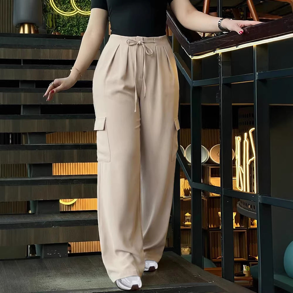 Damen Hochtaillierte Cargo-Hose mit weitem Bein, Tunnelzug und Bundfalten Shop Nory