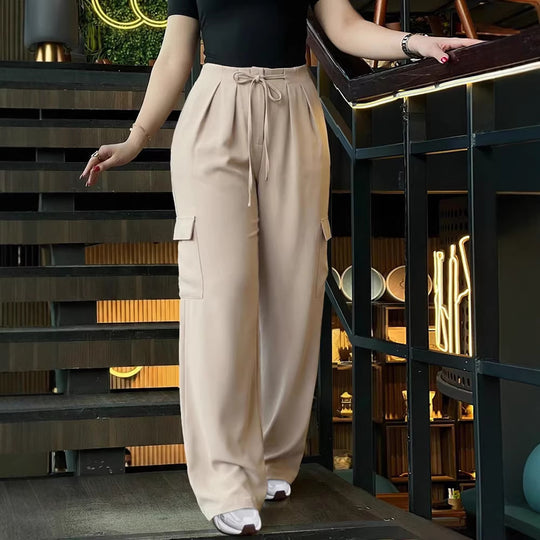 Damen Hochtaillierte Cargo-Hose mit weitem Bein, Tunnelzug und Bundfalten Shop Nory