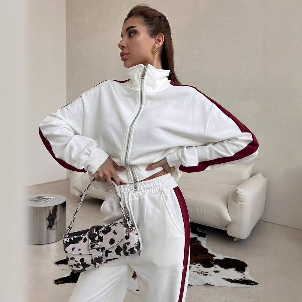 Damen lässiges Zweiteiler-Set mit Stehkragen-Zipjacke und locker geschnittener Tunnelzughose Shop Nory