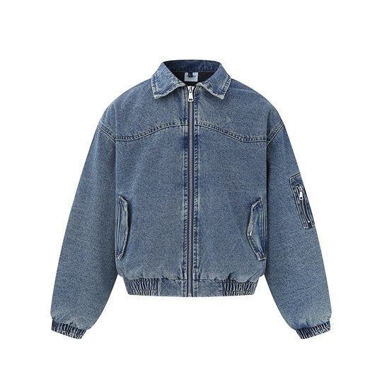 Unisex Boxy Denim‑Blousonjacke mit durchgehendem Reißverschluss, elastischem Saum und Ärmelutilitytasche Shop Nory