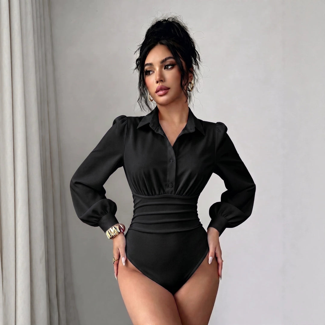 Damen Hemd-Body mit taillierter Raffung und Puffärmeln Shop Nory