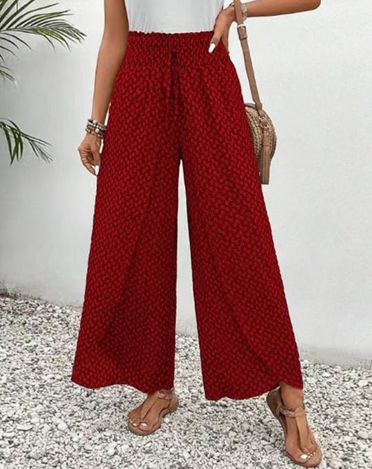 Damen nan weite Sommer-Palazzohose mit gerafftem Komfortbund, fließender Beinweite und geometrischem Allovermuster