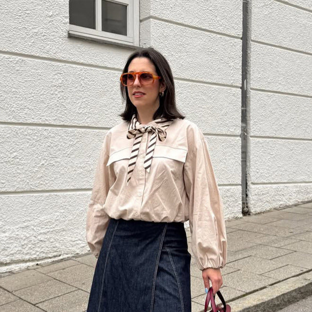 Damen Bluse mit Schleifenkragen, überschnittener Schulterpartie und voluminösen Ballonärmeln Shop Nory