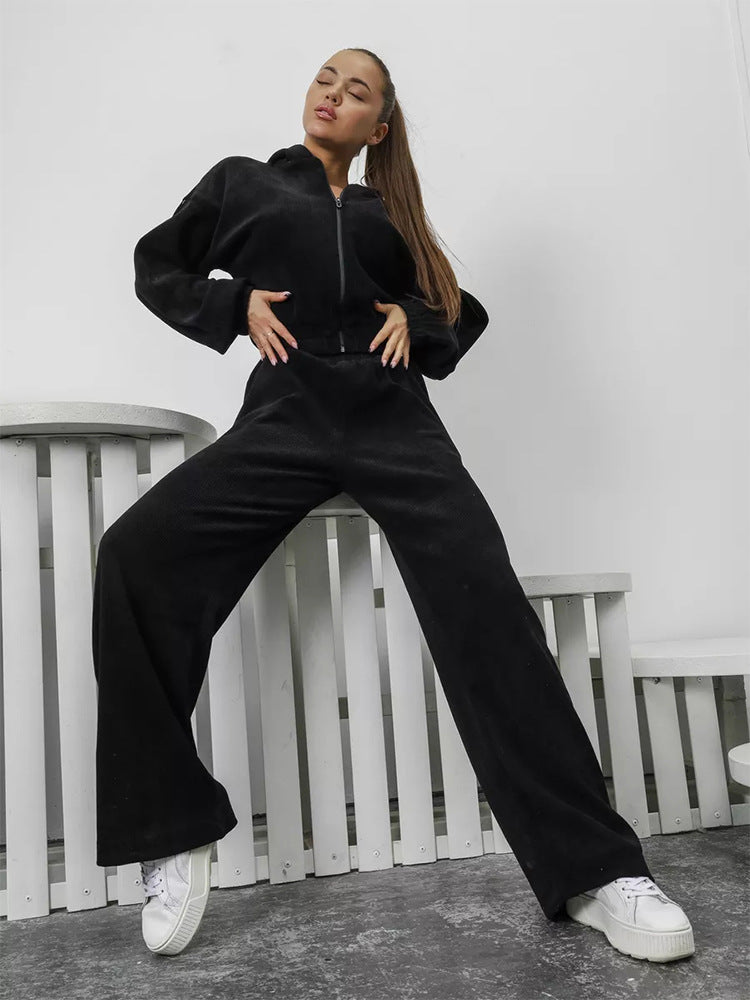 Damen Velours-Loungewear-Set mit kurzem Reißverschluss-Hoodie und weiter hochgeschnittener Palazzohose Shop Nory