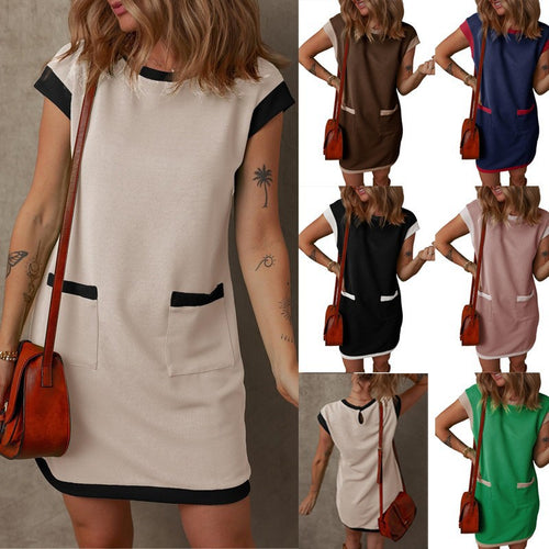 Damen Ärmelloses A-Linien-Shiftkleid mit Kontrastkanten, aufgesetzten Taschen und strukturierter Rippoptik Shop Nory