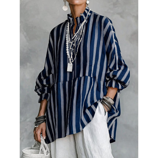 Damen Gestreifte Oversize-Tunika mit Rüschkragen und Ballonärmeln Shop Nory