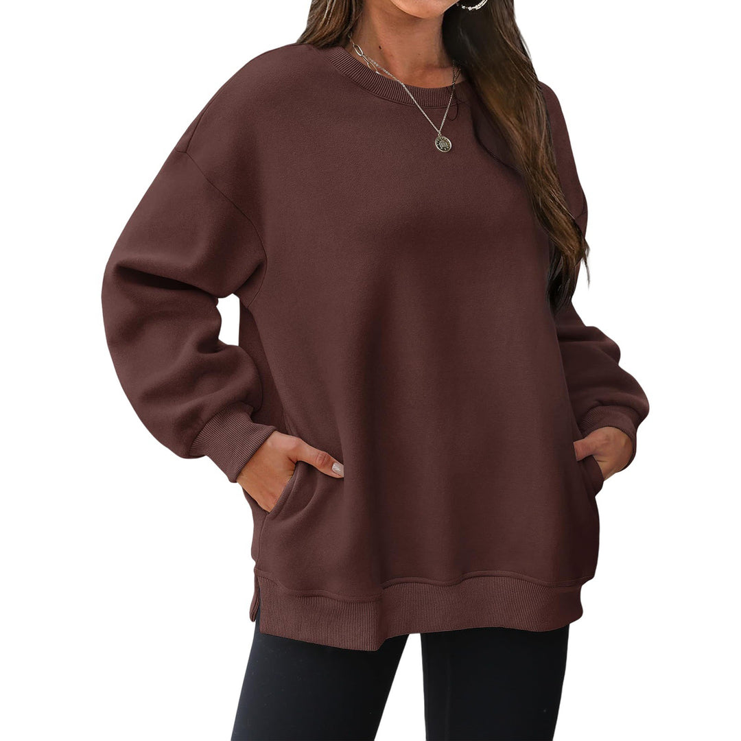 Damen nan verlängertes Oversize Rundhalspullover mit seitlichen Eingrifftaschen, Rippbündchen und überschnittener Schulter Shop Nory