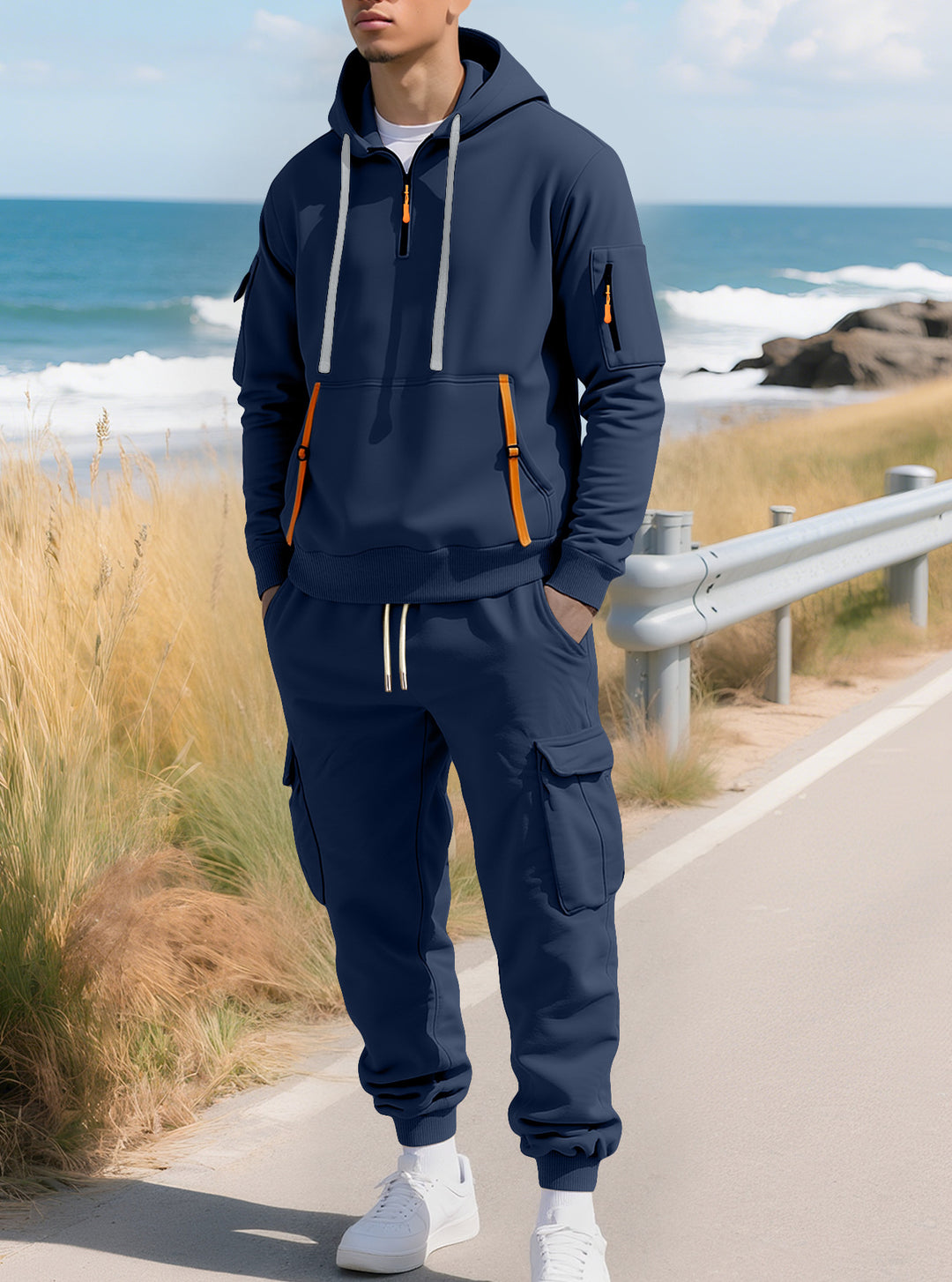 Herren Kapuzensweatshirt mit Utility-Taschen, Halbzip und kontrastierenden Reißverschlüssen Shop Nory