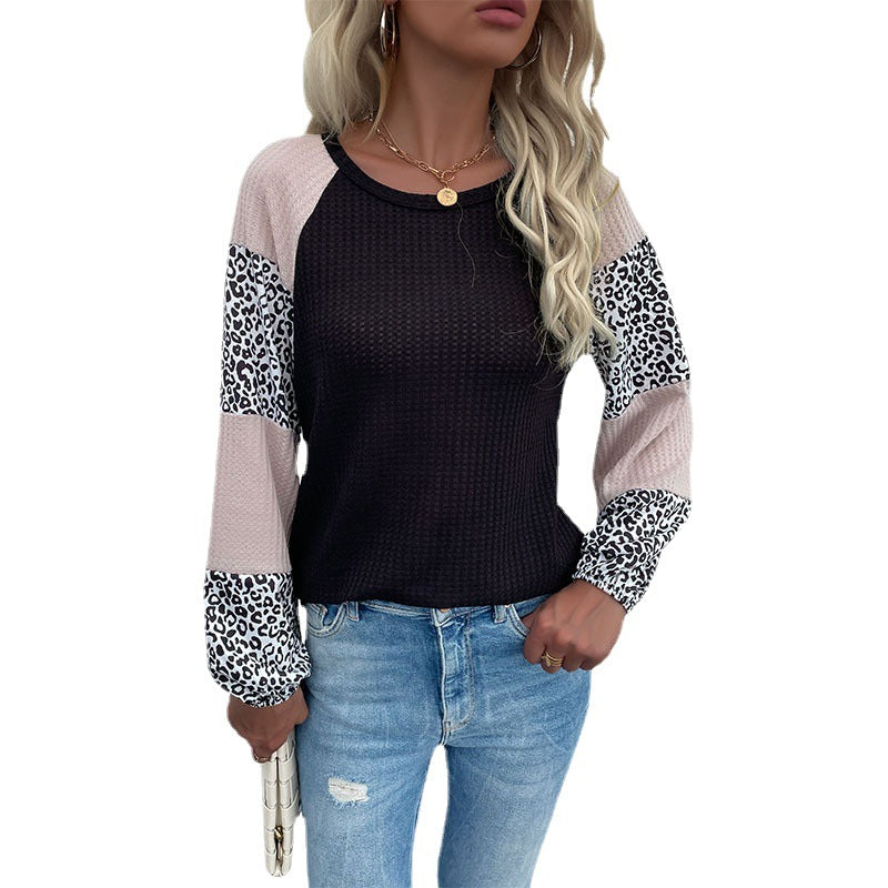 Damen Lässiges Waffelstrick-Shirt mit Raglanärmeln, Colorblock und Leo‑Einsätzen Shop Nory