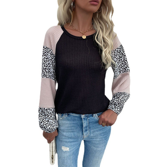Damen Lässiges Waffelstrick-Shirt mit Raglanärmeln, Colorblock und Leo‑Einsätzen Shop Nory