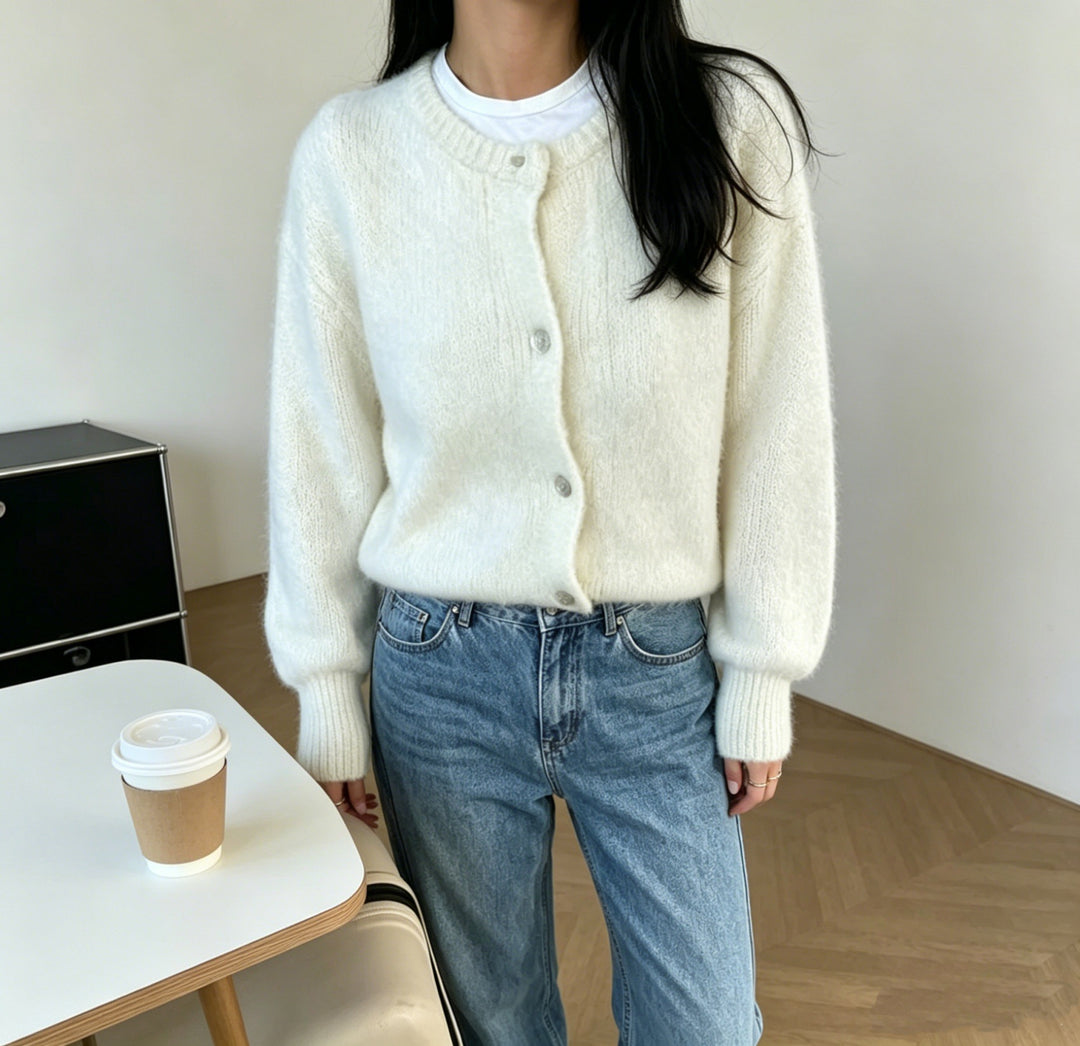 Damen Kuschelige Mohair-Optik Strickjacke mit Rundhals und Ballonärmeln Shop Nory