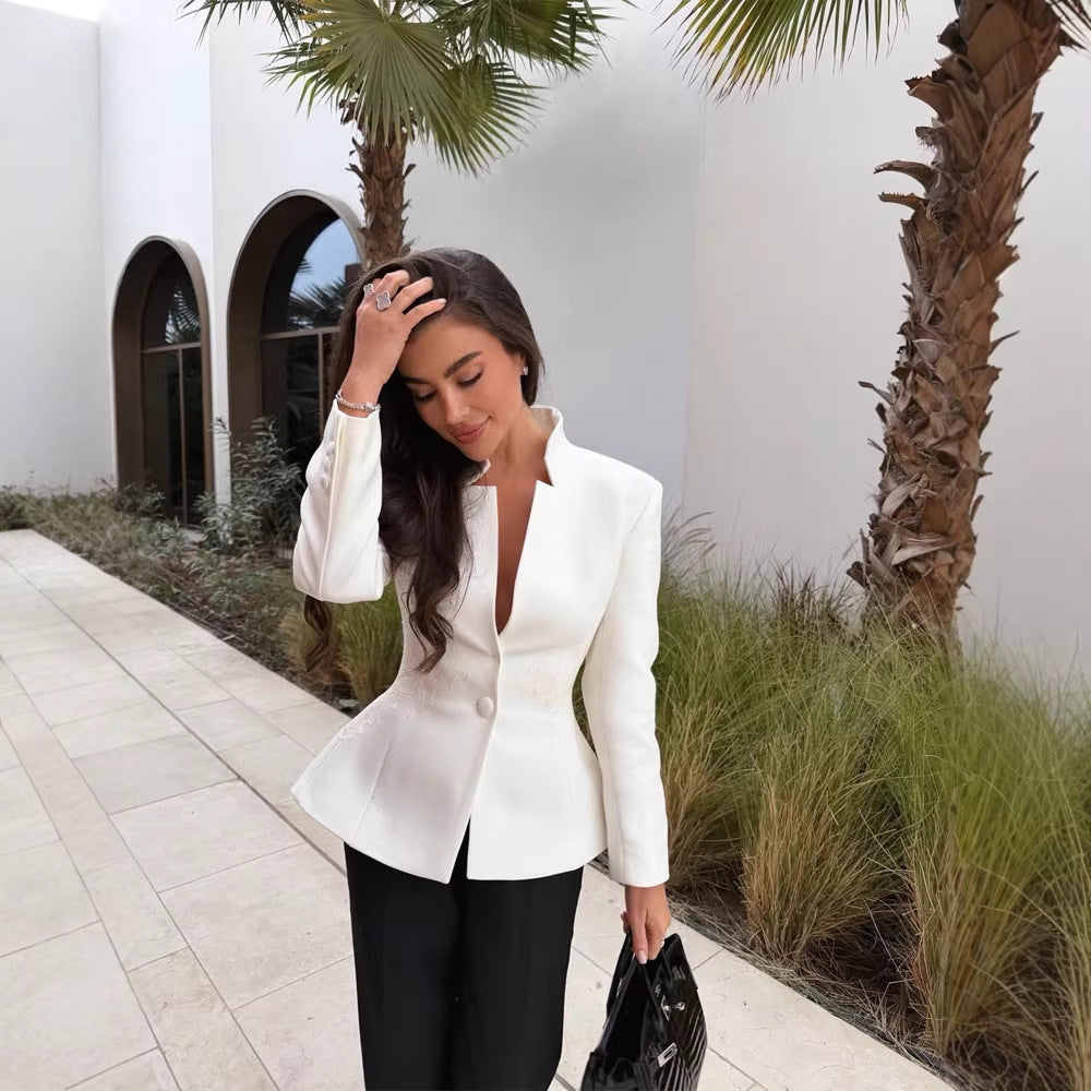 Damen Taillierter Einreihiger Blazer mit Stehkragen und tiefem V‑Ausschnitt Shop Nory