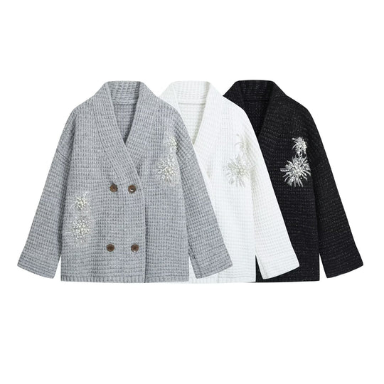 Damen Waffel-Strick-Cardigan mit doppelreihiger Knopfleiste und Schmuckapplikation Shop Nory