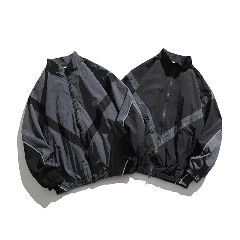 Herren Leichte Oversize Windbreaker-Jacke mit Chevron-Paneelen, Stehkragen und elastischem Saum Shop Nory
