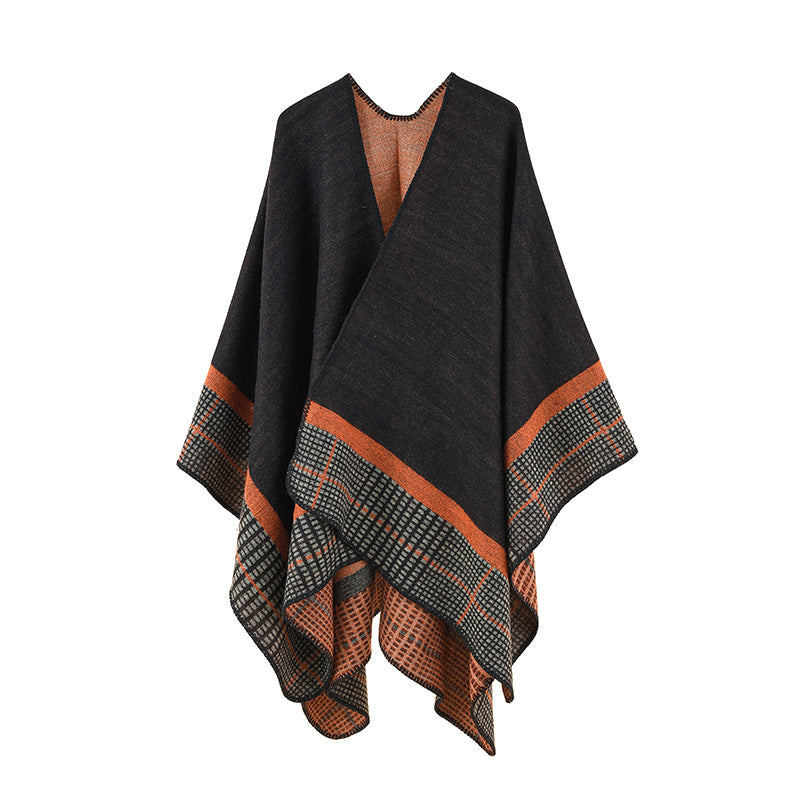 Damen Wollmix-Poncho im asymmetrischen Zipfelschnitt mit eingewebter Karobordüre Shop Nory