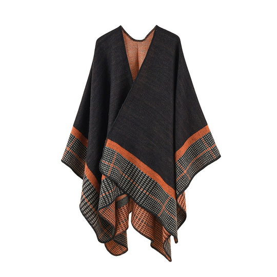 Damen Wollmix-Poncho im asymmetrischen Zipfelschnitt mit eingewebter Karobordüre Shop Nory