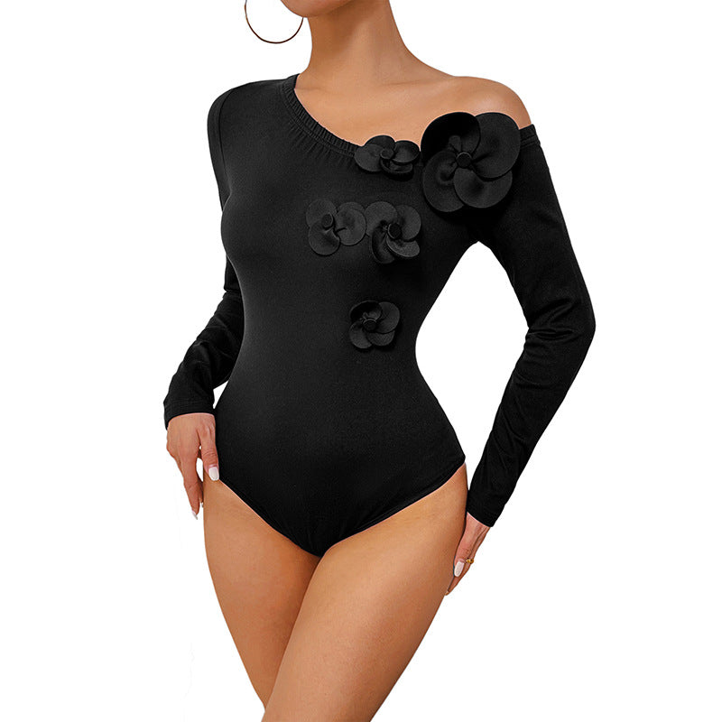 Damen figurbetonter Ein-Schulter-Body mit Langarm und 3D-Blüten Shop Nory