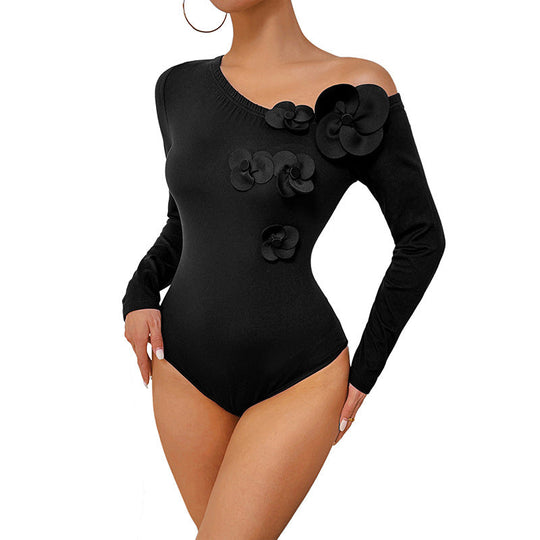 Damen figurbetonter Ein-Schulter-Body mit Langarm und 3D-Blüten Shop Nory