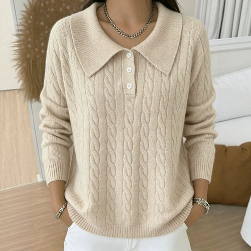 Damen Kabelstrick-Polo-Pullover mit großem Umlegekragen und lockerer Silhouette Shop Nory