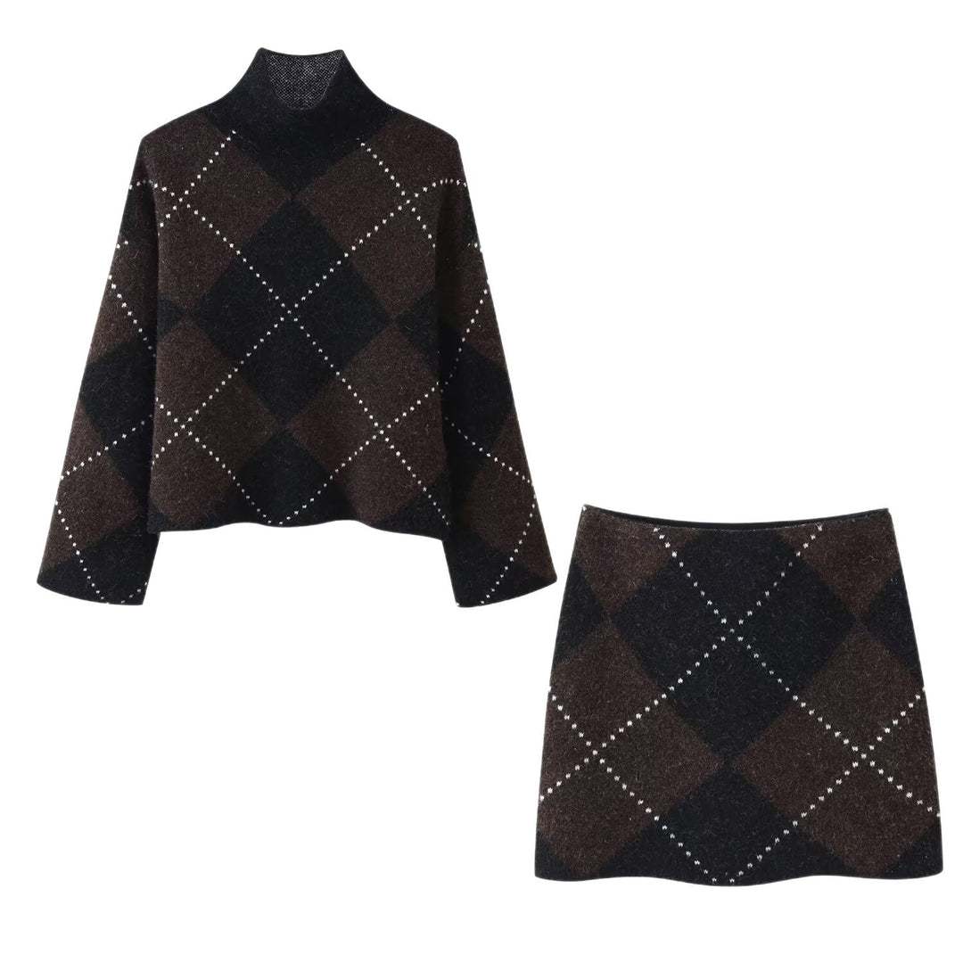 Damen Strick‑Set aus Rollkragen‑Poncho und Minirock mit Argyle‑Muster Shop Nory
