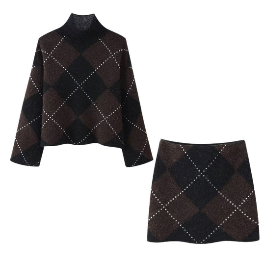 Damen Strick‑Set aus Rollkragen‑Poncho und Minirock mit Argyle‑Muster Shop Nory