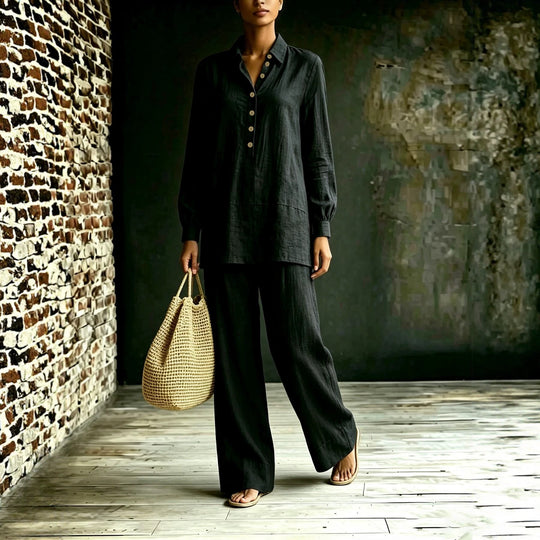 Damen Tunika-Hose Set aus Leinenoptik mit Hemdkragen und weitem Schnitt Shop Nory
