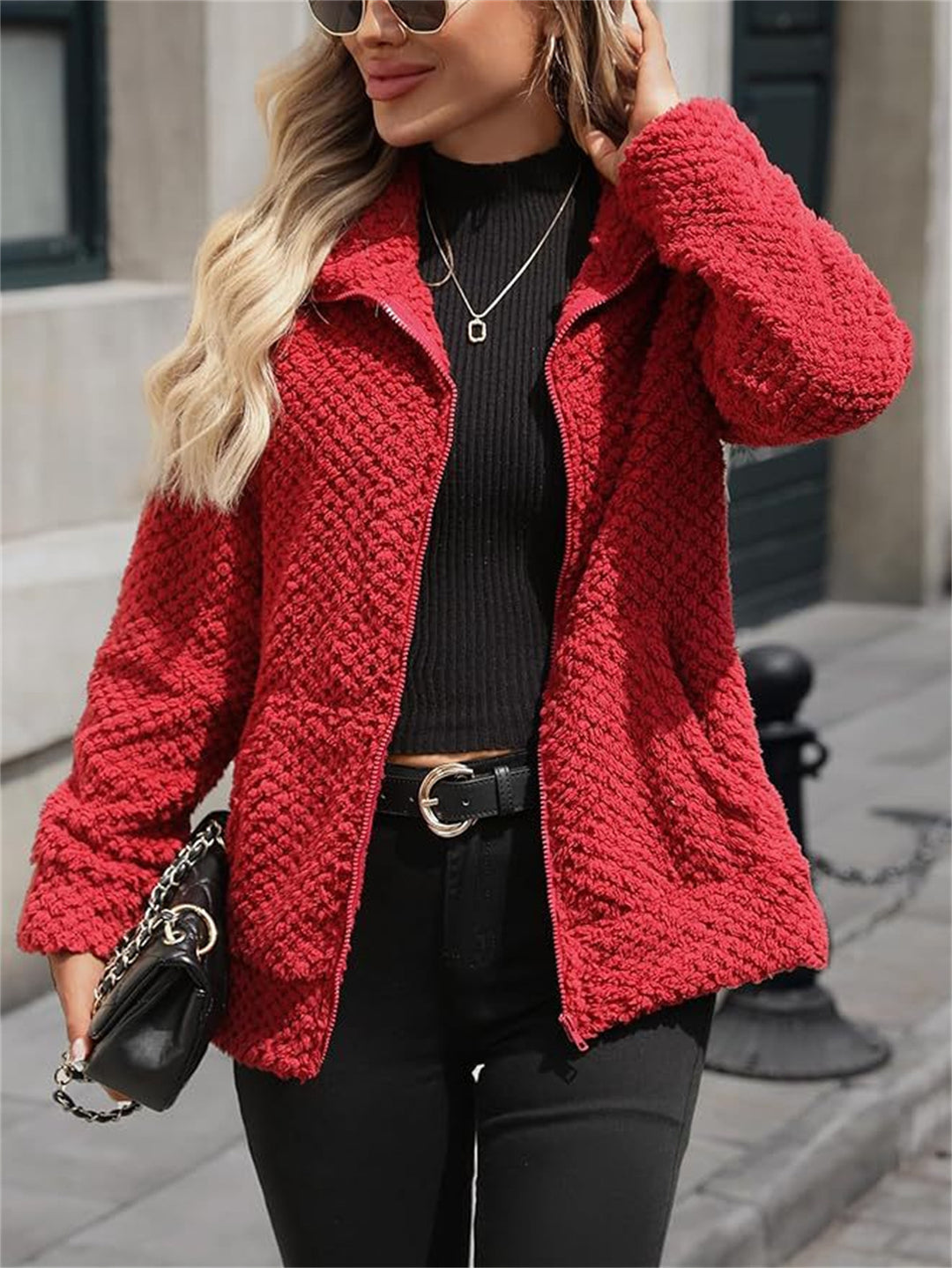 Damen Teddy-Fleece Jacke mit Reißverschluss und Stehkragen Shop Nory
