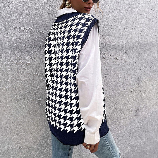 Damen Hochwertiger Strickpullover mit V-Ausschnitt und Hahnentrittmuster Shop Nory