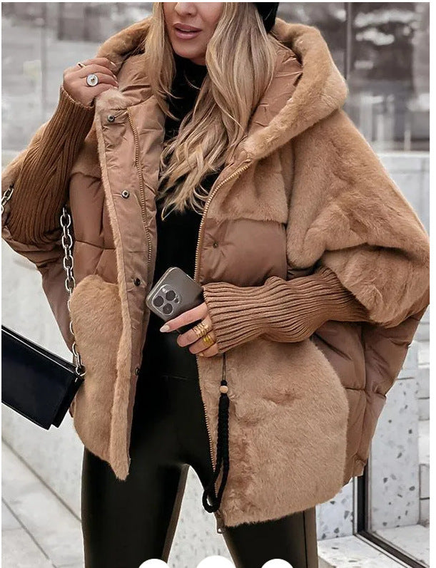 Damen nan oversized gesteppte Winterjacke mit Kunstfellpanelen, Kapuze und integrierten Rippenärmel-Details Shop Nory