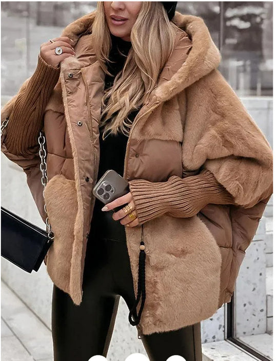 Damen nan oversized gesteppte Winterjacke mit Kunstfellpanelen, Kapuze und integrierten Rippenärmel-Details Shop Nory