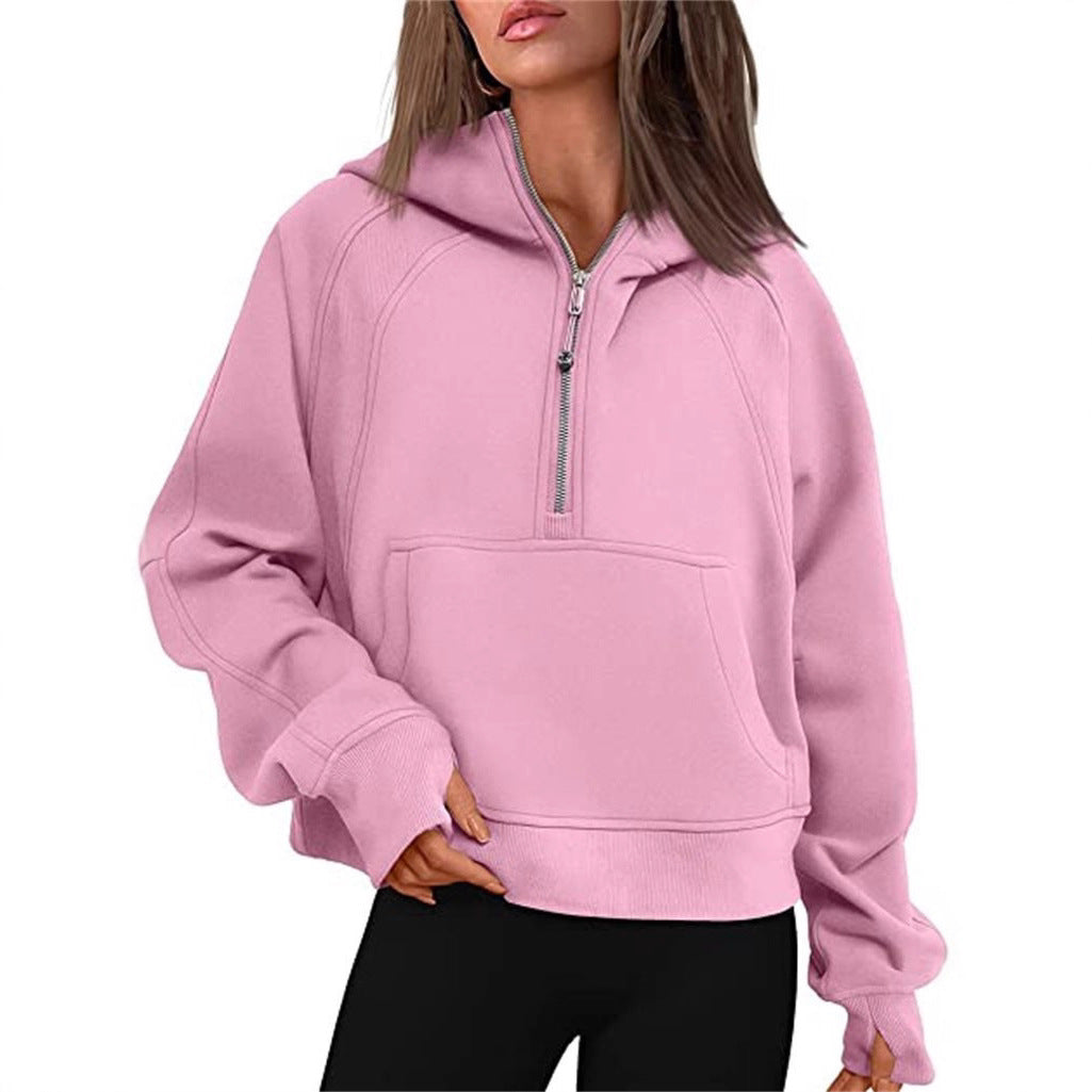 Damen Kurz geschnittener Kapuzenpullover mit halbem Reißverschluss und Kängurutasche Shop Nory