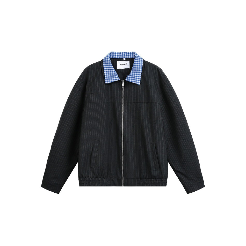 Unisex Kurz geschnittene Nadelstreifen‑Blousonjacke mit kontrastierendem Hemdkragen und durchgehendem Reißverschluss Shop Nory