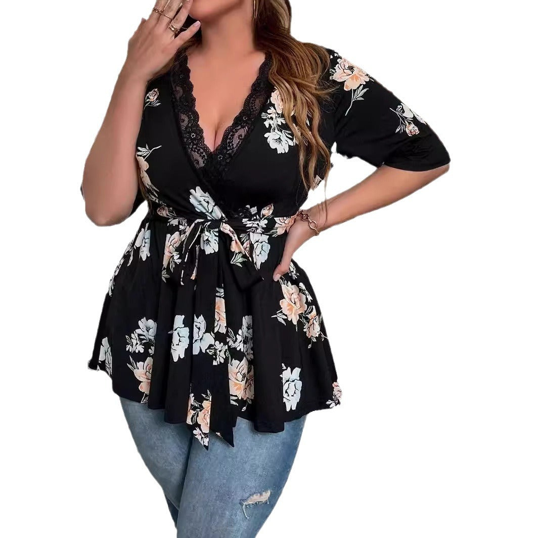 Damen Tailliertes Wickelshirt mit Spitzen‑V‑Ausschnitt und dreiviertel Ärmeln Shop Nory