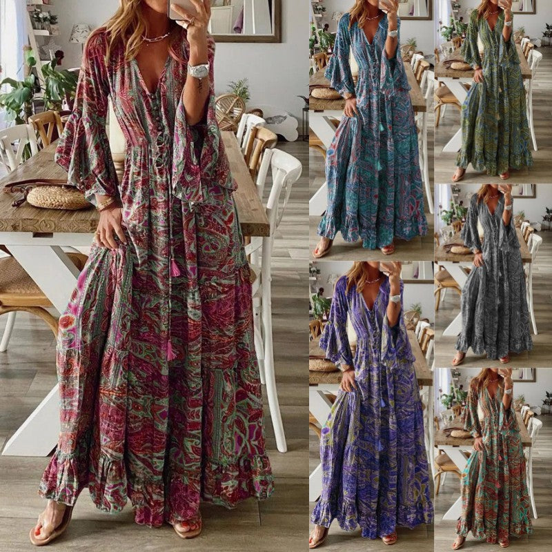 Damen Boho Maxikleid mit Paisley-Print, V-Ausschnitt, Stufenrock und Bindegürtel Shop Nory