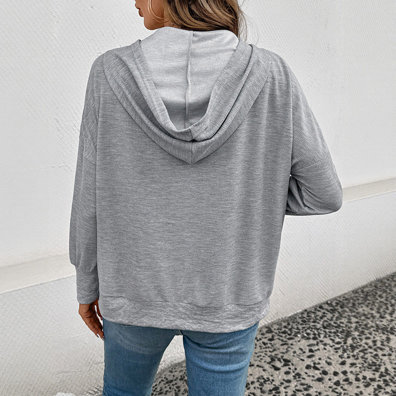 Damen lässiger Waffel-Kapuzenpullover mit Henley-Knopfleiste und Kängurutasche Shop Nory