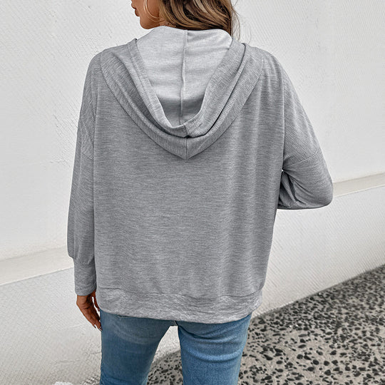 Damen lässiger Waffel-Kapuzenpullover mit Henley-Knopfleiste und Kängurutasche Shop Nory